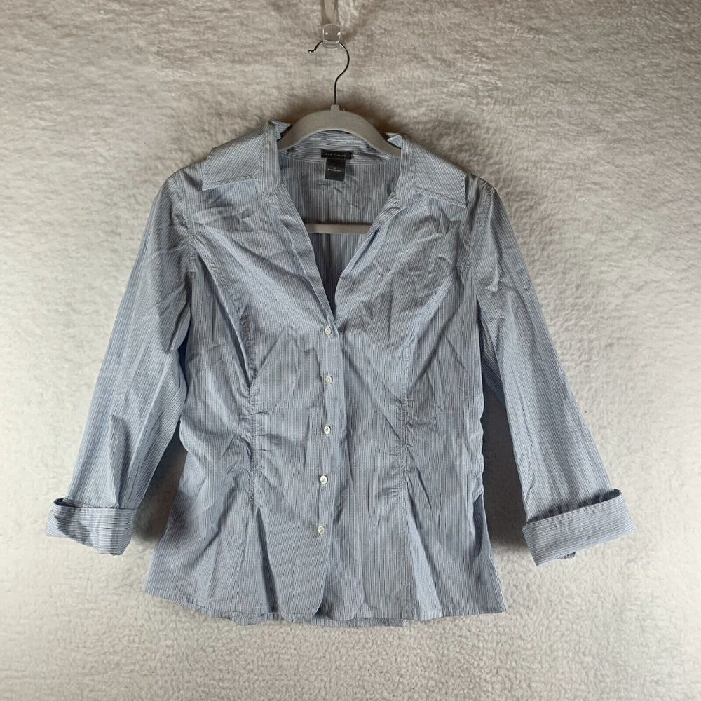 Ann Taylor Shirt Women's 6 Blue Striped 100% Cotton Long Sleeve Button Up‎ 7927